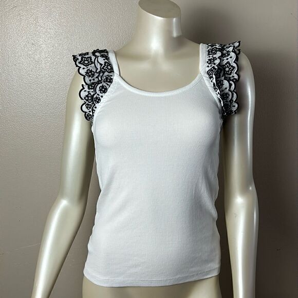 New LOFT Ann Taylor size XS ribbed embroidered eyelet ruffle sleeve NWT - Picture 5 of 8